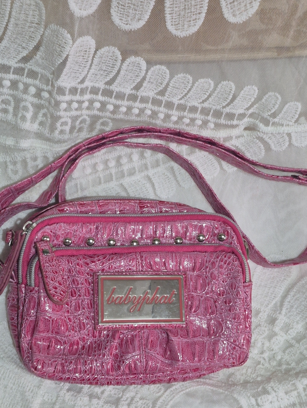 Y2K Baby Phat Pink Croc-Embossed Crossbody Bag with Studs